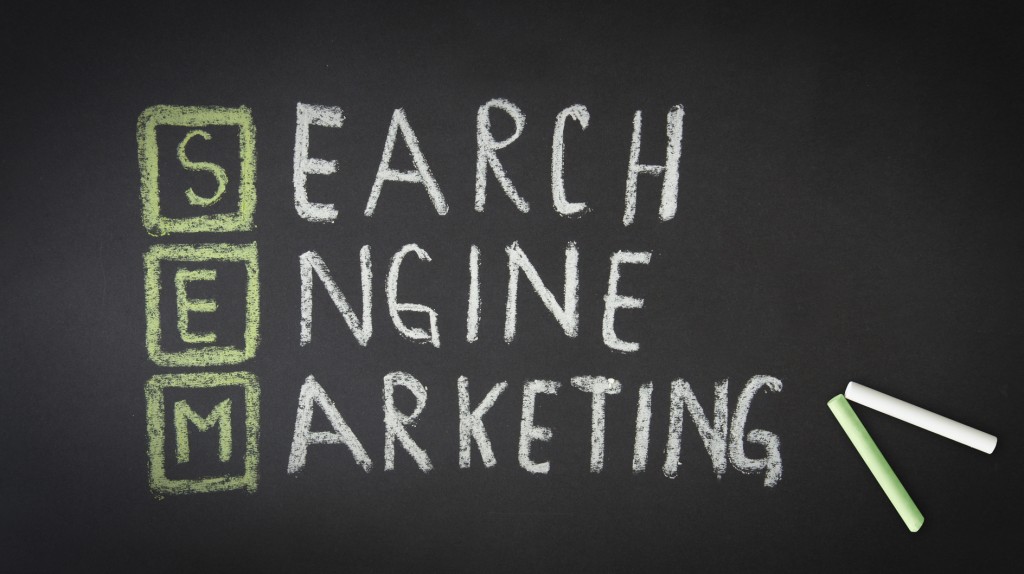 Search Engine Marketing Chalk illustration on dark background.