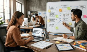 'karyawan yang sedang melakukan content marketing untuk bisnis B2B.