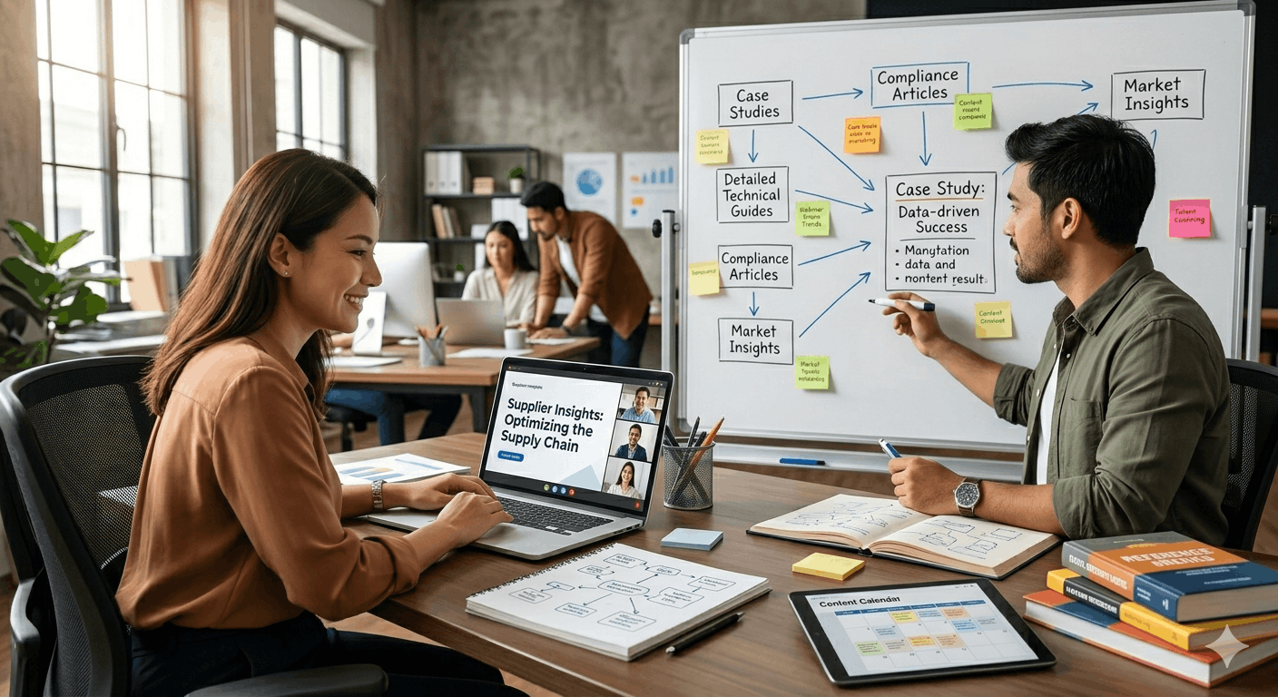 'karyawan yang sedang melakukan content marketing untuk bisnis B2B.