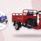 Motor roda tiga bak terbuka warna merah dan biru untuk angkut barang