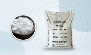 Soda api (caustic soda flakes) dalam karung 25 kg dan serpihan NaOH
